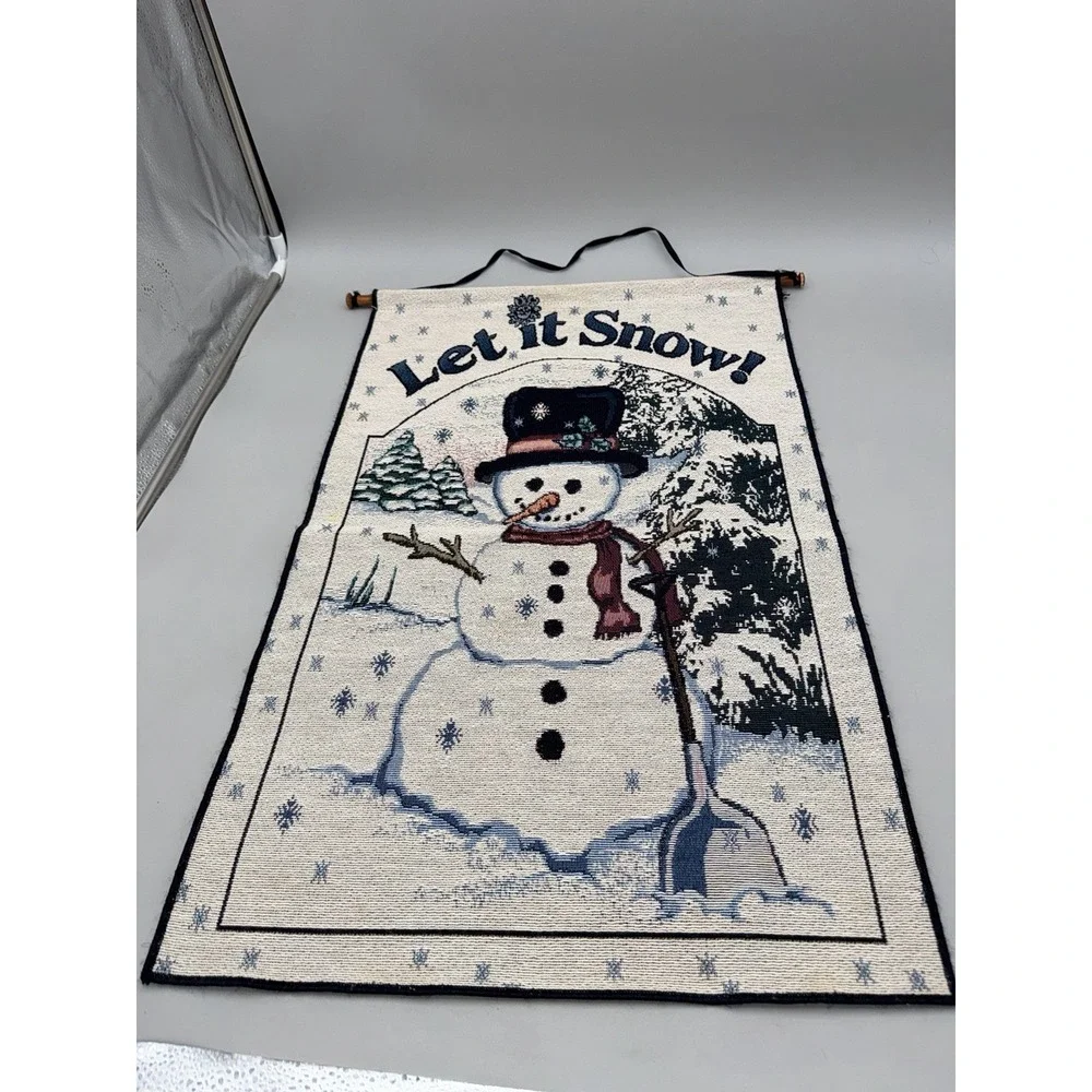 Vintage Let It Snow Snowman Woven Tapestry Wall Hanging Winter Decor USA